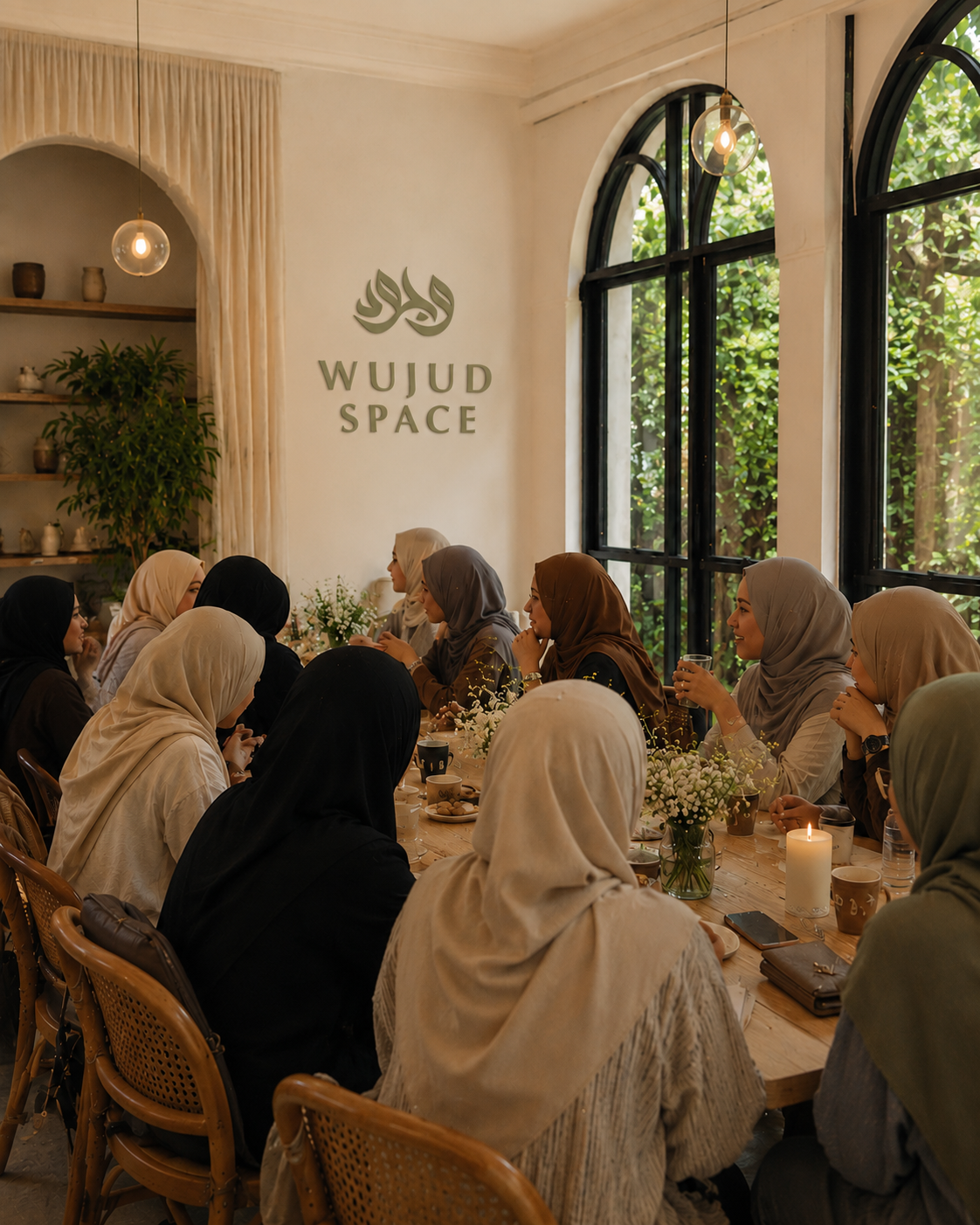 Muslim women gathered together around a long table beneath the Wujud Space sign